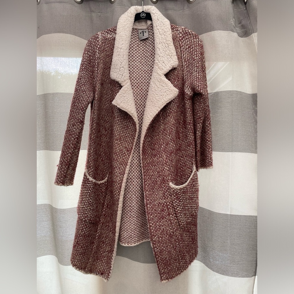 Rain + Rose, sweater, red and white with some black stitching, fits medium